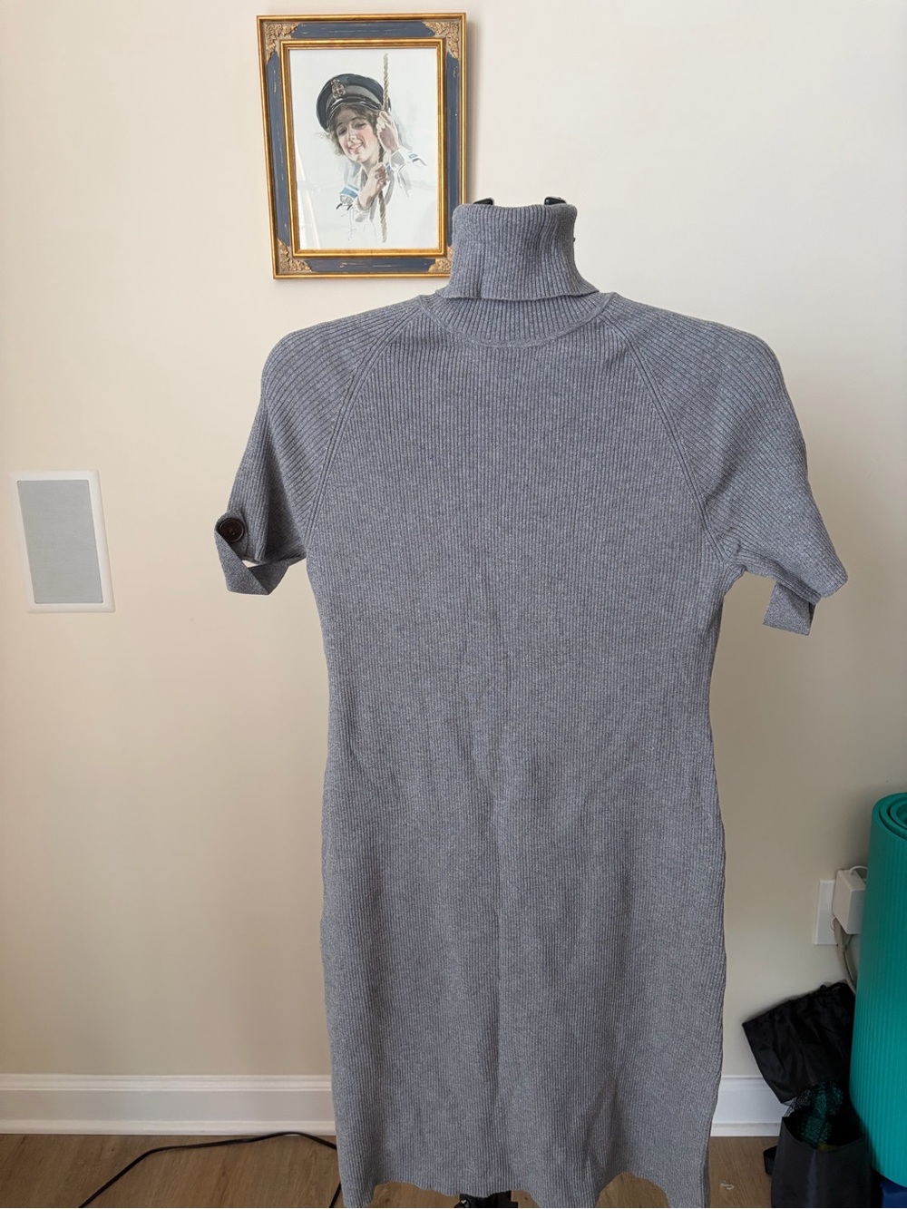 Gray Ribbed Turtleneck Sweater Dress Short Sleeve Bodycon Midi XL